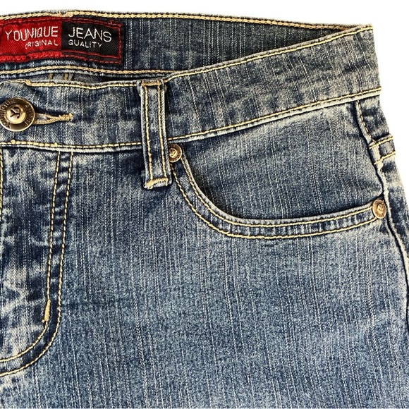 Younique Jeans Juniors 1 Blue Low Rise Flare Leg Butterfly Stretch Y2K - Picture 4 of 14
